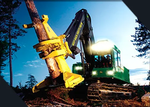 Harvester florestal com a garra fechada sobre um tronco recém-derrubado no eucaliptal