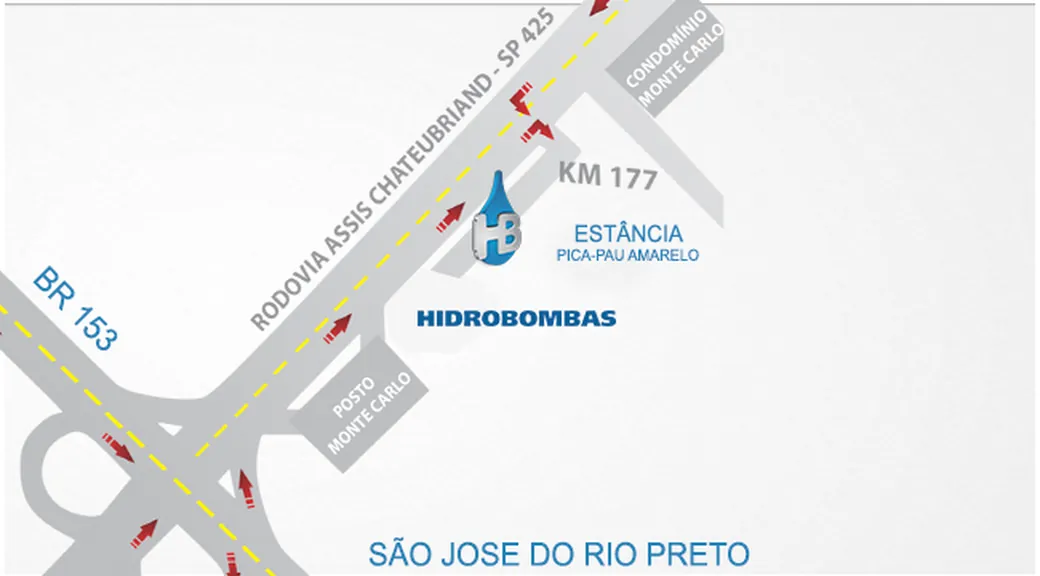 Mapa de acesso à Hidro Bombas em São José do Rio Preto, com a BR-153 e a Rodovia Assis Chateaubriand SP-425 no km 177, junto à Estância Pica-Pau Amarelo