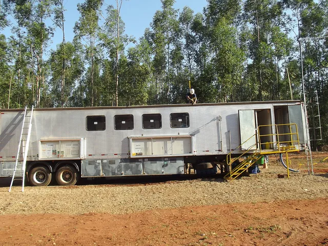Trabalhador ancorado à haste telescópica sobre a carreta, em área de eucalipto