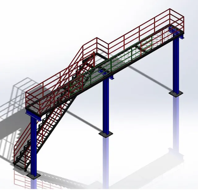 Projeto em três dimensões de plataforma de inspeção de caminhão-tanque, com escada de acesso e guarda-corpo